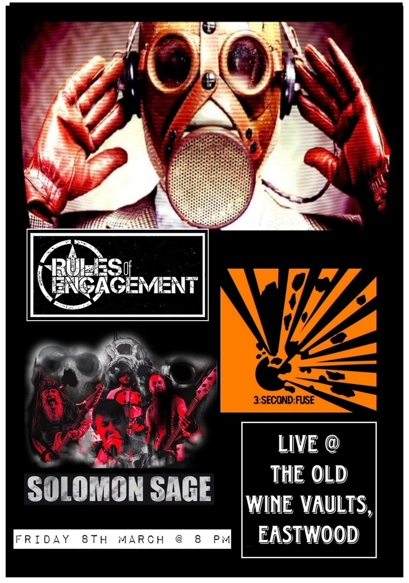 RulesofEngagem4's tweet photo. Looks like we've got our first gig of the year! We're happy to announce that we'll be supporting 3 Second Fuse and Solomon Sage at The Old Wine Vaults in Eastwood on Friday 8th March. Get yourself down there from 8 pm for a night of Rock to the Nth degree! More details soon. https://t.co/5fBT4t92Fi