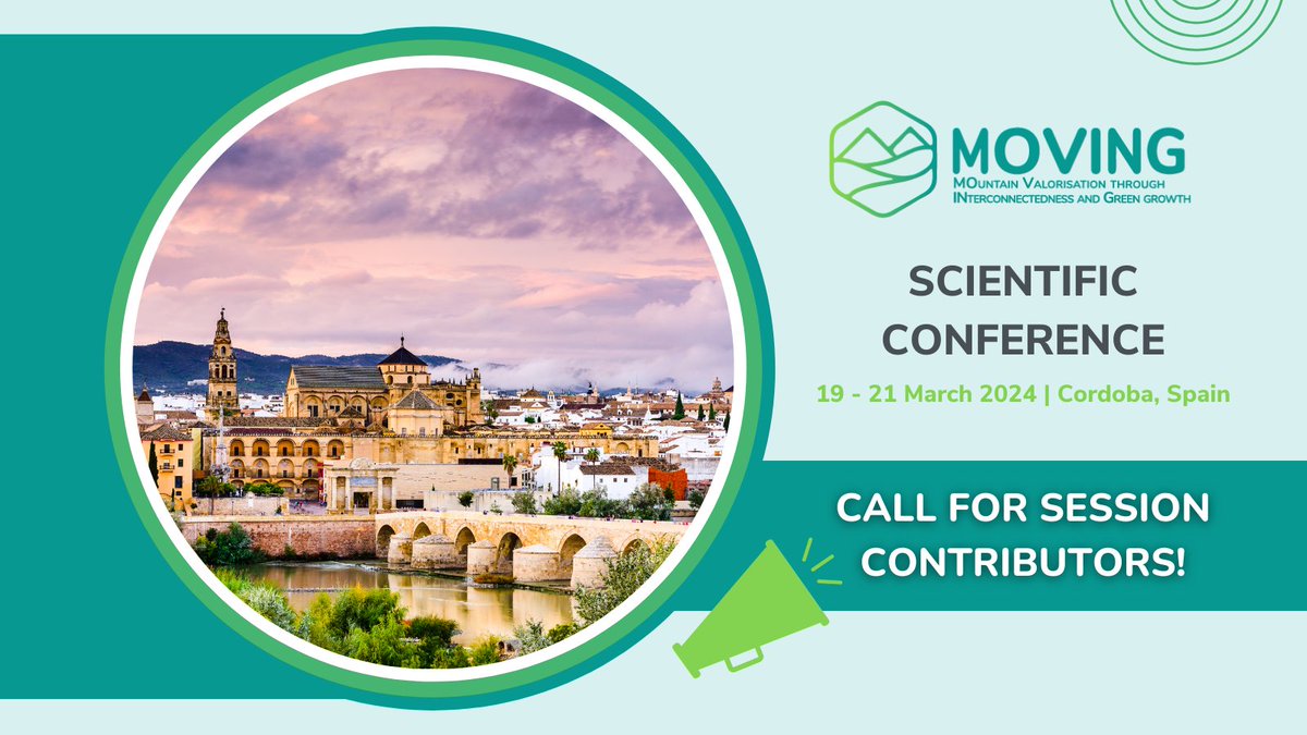 MOVING H2020 (@movingh2020) on Twitter photo 📢 CALL FOR SESSION CONTRIBUTORS!
Share your insights on environmental challenges & prospects for sustainable mountain regions at the #MOVING2020 Scientific Conference 🌄
🚨 DEADLINE: 1 March
📝 Send your abstract to moving.coord@uco.es
Details ➡️ bit.ly/3IaCrjq 📢 CALL FOR SESSION CONTRIBUTORS!
Share your insights on environmental challenges & prospects for sustainable mountain regions at the #MOVING2020 Scientific Conference 🌄
🚨 DEADLINE: 1 March
📝 Send your abstract to moving.coord@uco.es
Details ➡️ bit.ly/3IaCrjq