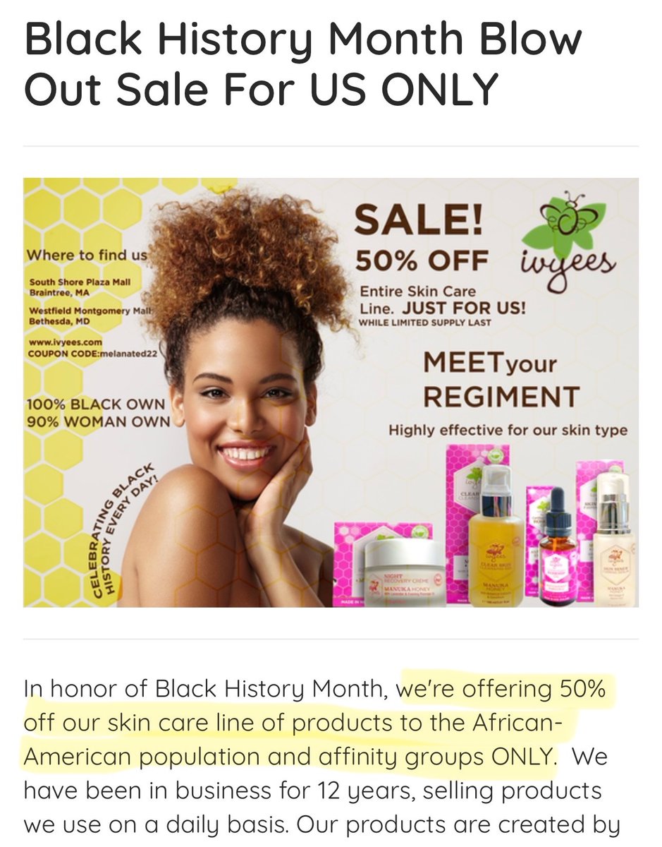 Beauty brand Ivyees announces they will discriminate against white people. For the entire month of February only black people get a special discount on their products.

White people are the only group you’re allowed to discriminate against.