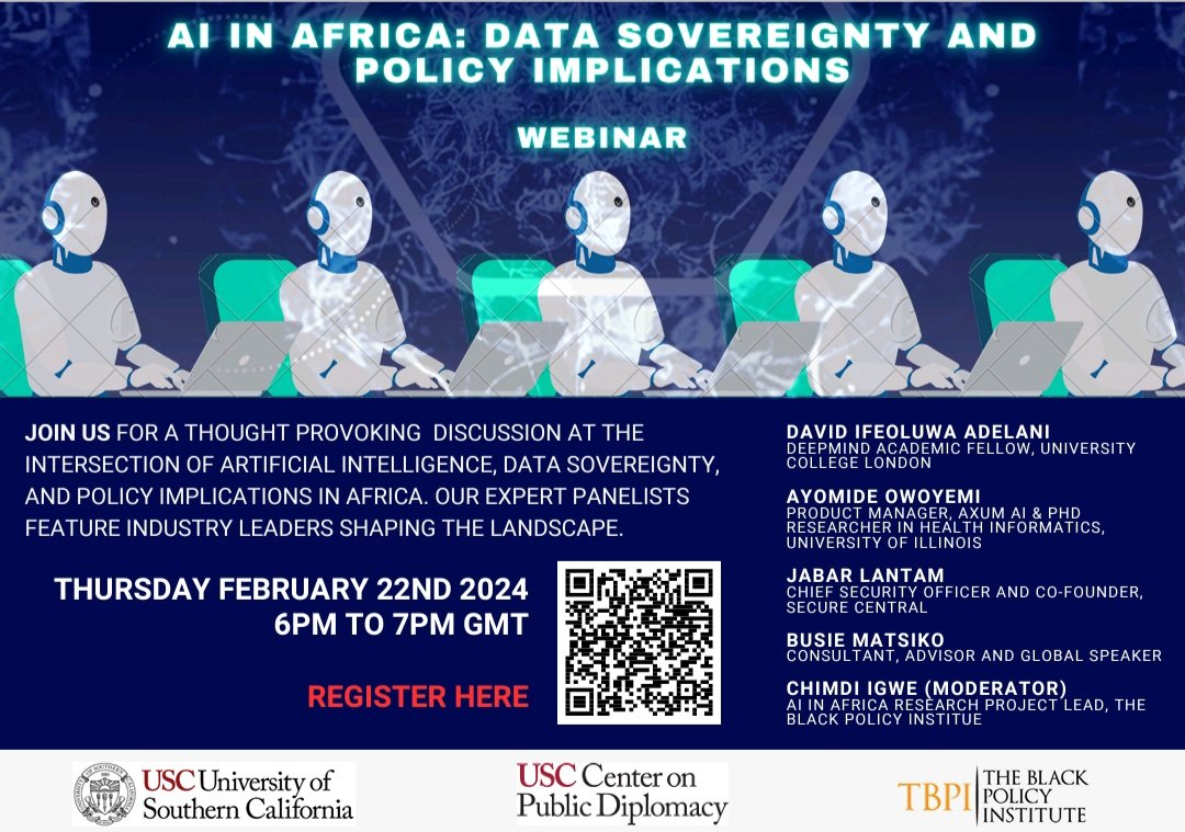 Exciting News! Join me for an insightful discussion on "AI in Africa: Data Sovereignty &amp; Policy Implications" TODAY at 6:00 PM GMT via Zoom, hosted by <a href="/PublicDiplomacy/">USC Public Diplomacy</a> &amp; The Black Policy Institute 🔗 Register now: usc.zoom.us/webinar/regist… 
 #AIAfrica #DataSovereignty #TechImpact