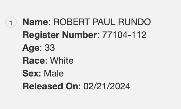Official federal court lookup site indicates Robert Rundo, after his case was dismissed yesterday, has been released from custody — and despite a last-minute motion from U.S, attorneys to keep him in custody pending appeal, citing his flight risk and risk of violence