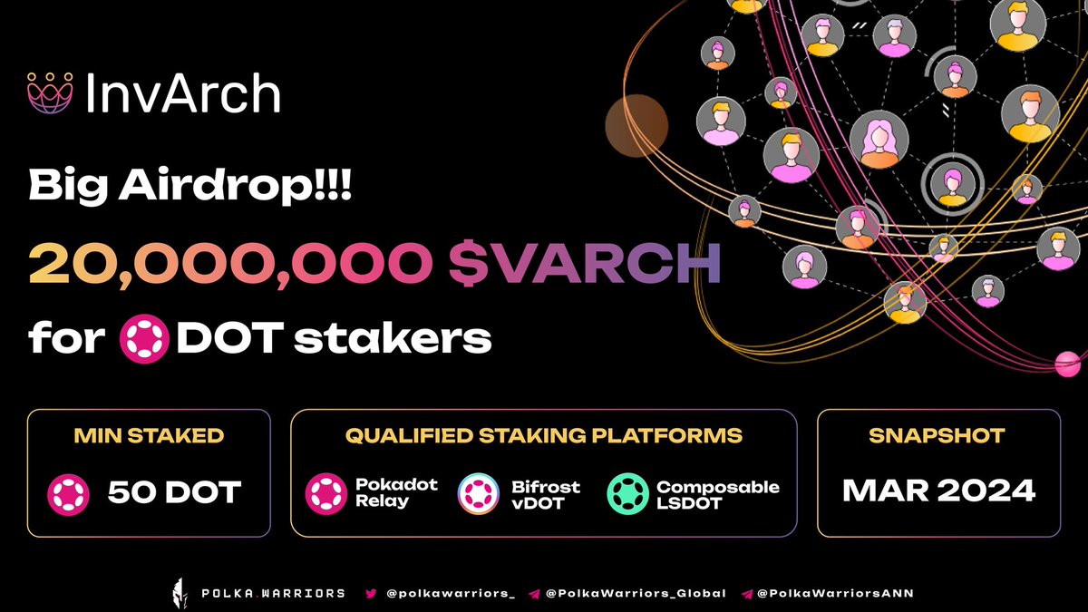 The first airdrop for DOT stakers is here! 

<a href="/InvArchNetwork/">InvArch</a> - An Omnichain Account Management Network is having an airdrop campaign for stakers on #Polkadot! 

#Staketoearn is becoming hotter than ever, which focuses on the benefits of community first.