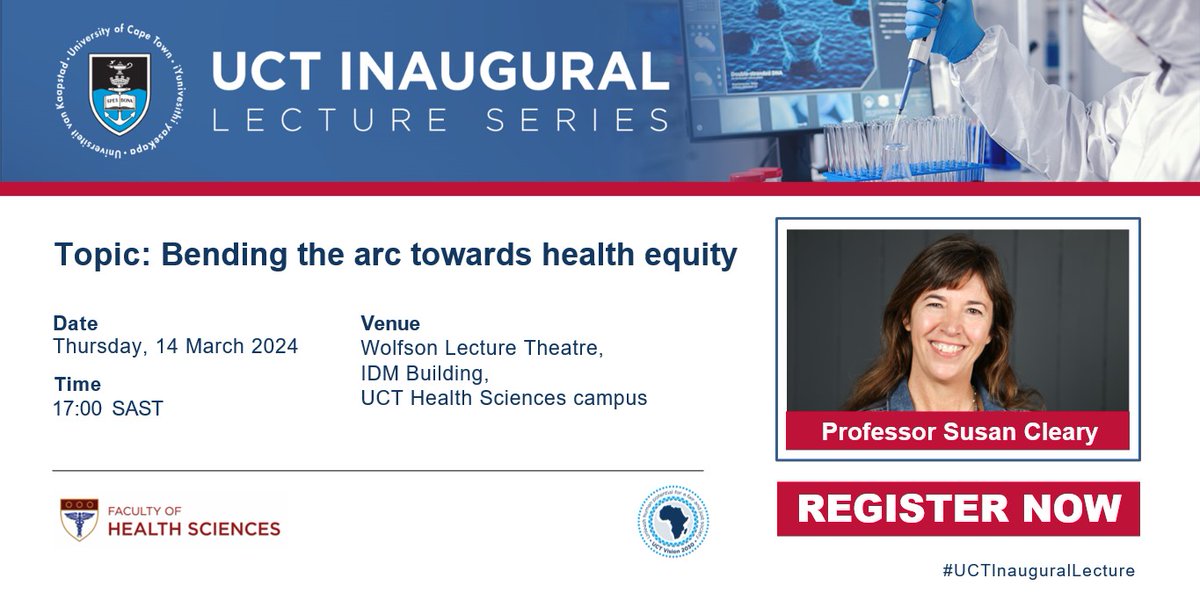 Prof Susan Cleary (HOD of UCT School of Public Health) will present her #UCTInauguralLecture titled 'Bending the arc towards health equity', on Thurs, 14 March 2024, from 17:00 in the Wolfson Lecture Theatre, UCT Health Sciences campus. Register Now: bit.ly/3SWppfE