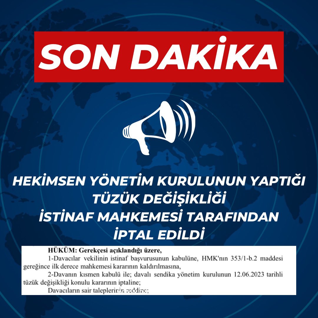 Genel kurul yetkisinde olan fakat hukuksuz bir şekilde Hekimsen Merkez Yönetim Kurulu tarafından yapılan tüzük değişikliği kararı İstinaf Mahkemesi tarafından iptal edildi. 

Eleştirilerimizde ve mücadelemizde haklıyız ve kararlı bir şekilde hakkı hukuku savunmaya devam edeceğiz.