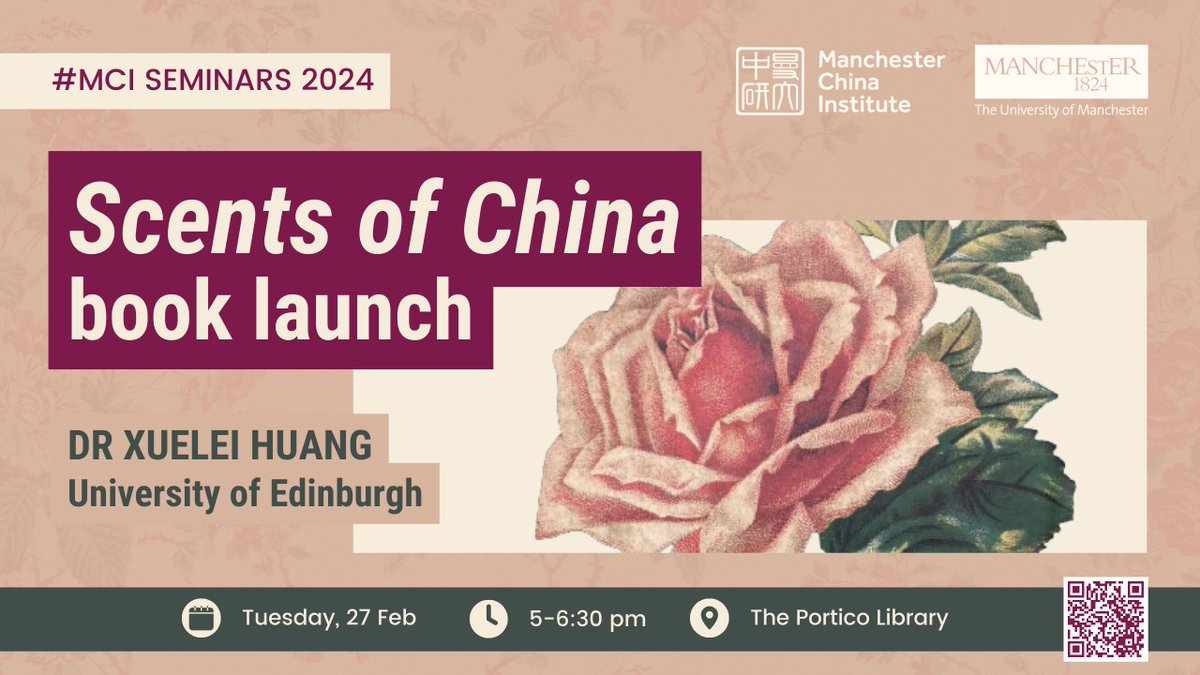 🎙️ Join our in-person conversation with @xuelei_huang on her newly-published book - 'Scents of China: A Modern History of Smell', moderated by @aoifecantrill.📚 🗓️ Tuesday, 27 Feb; ⏰ 5:00-6:30 pm; 🏛️ @ThePortico; 🔗 Free tickets: eventbrite.co.uk/e/798274208647…