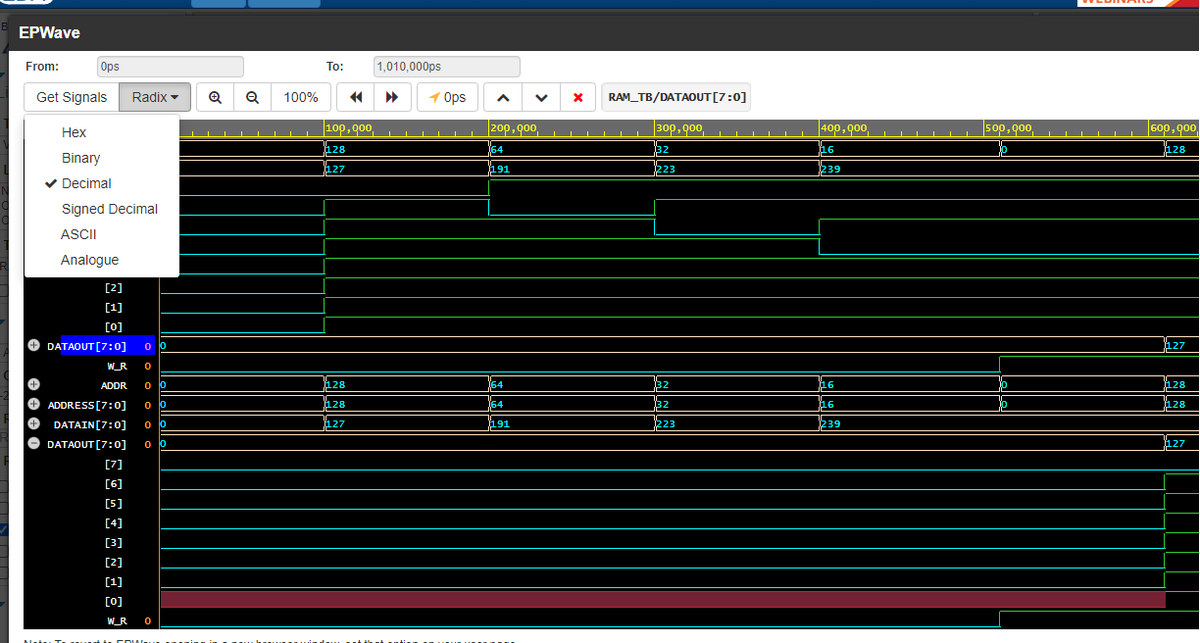 EDAPlayground's tweet photo. There are some enhancements to EPWave: You can now
* "expand" buses
* use different radices (though please ignore the "Analogue" option - this proved too difficult and we forgot to remove it from the menu)
* select multiple waveforms https://t.co/WuYJzjAhgN