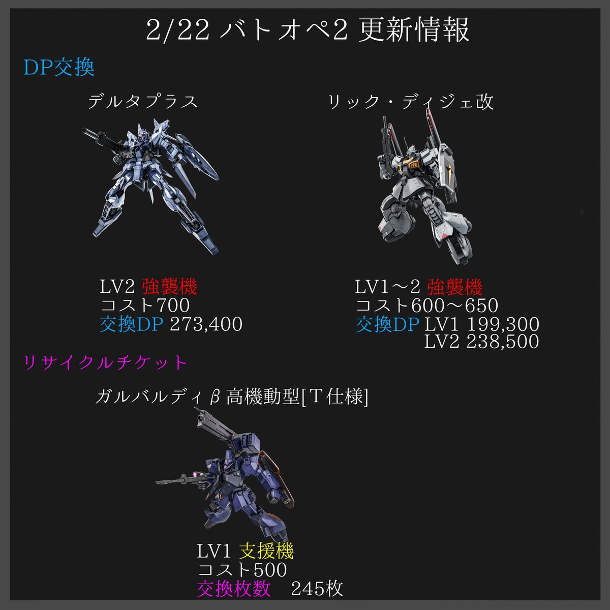 hemoguro_z1's tweet photo. 【2/22 バトオペ2 更新情報】
・パーフェクト・ガンダム【TB���
・確定限定STEP UP抽選配給
・限定抽選配給　ブルG
・DP交換
など
#バトオペ2 https://t.co/nM3FNounMy
