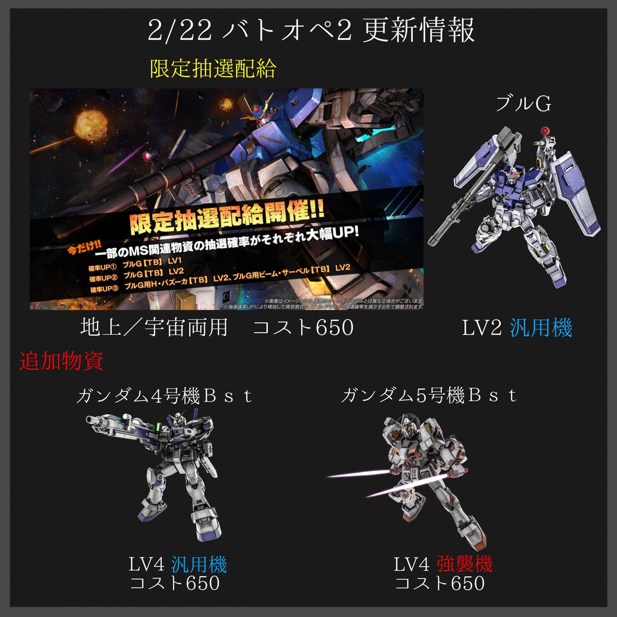 hemoguro_z1's tweet photo. 【2/22 バトオペ2 更新情報】
・パーフェクト・ガンダム【TB���
・確定限定STEP UP抽選配給
・限定抽選配給　ブルG
・DP交換
など
#バトオペ2 https://t.co/nM3FNounMy