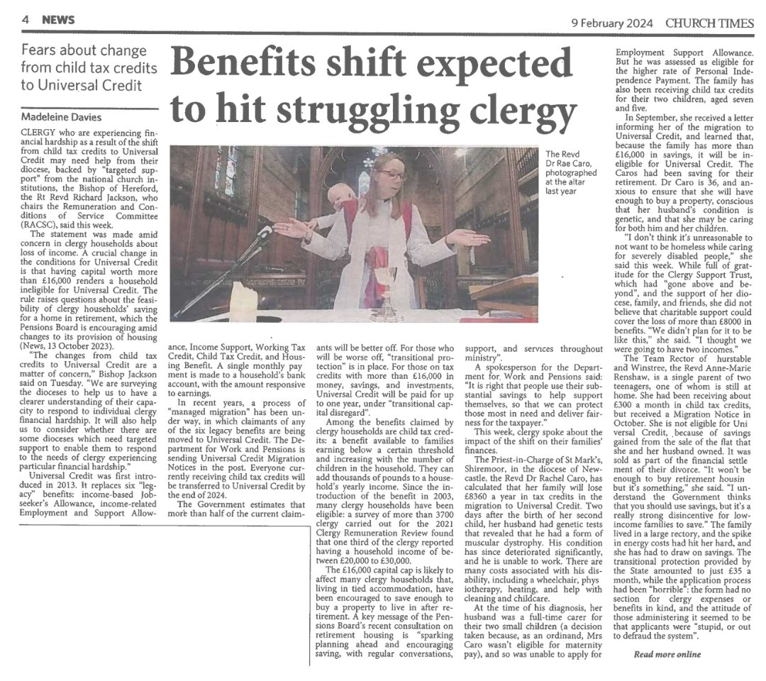 Clergy Support Trust (@clergysupportuk) on Twitter photo We are already seeing a huge increase in households relying on our grants just to get by. Now, this shift could see many #clergyfamilies hundreds of pounds worse off.
Thank you, <a href="/MadsDavies/">Madeleine Davies</a> <a href="/ChurchTimes/">Church Times</a> for spotlighting the potential impact of the #UniversalCredit shift. 👇 We are already seeing a huge increase in households relying on our grants just to get by. Now, this shift could see many #clergyfamilies hundreds of pounds worse off.
Thank you, <a href="/MadsDavies/">Madeleine Davies</a> <a href="/ChurchTimes/">Church Times</a> for spotlighting the potential impact of the #UniversalCredit shift. 👇