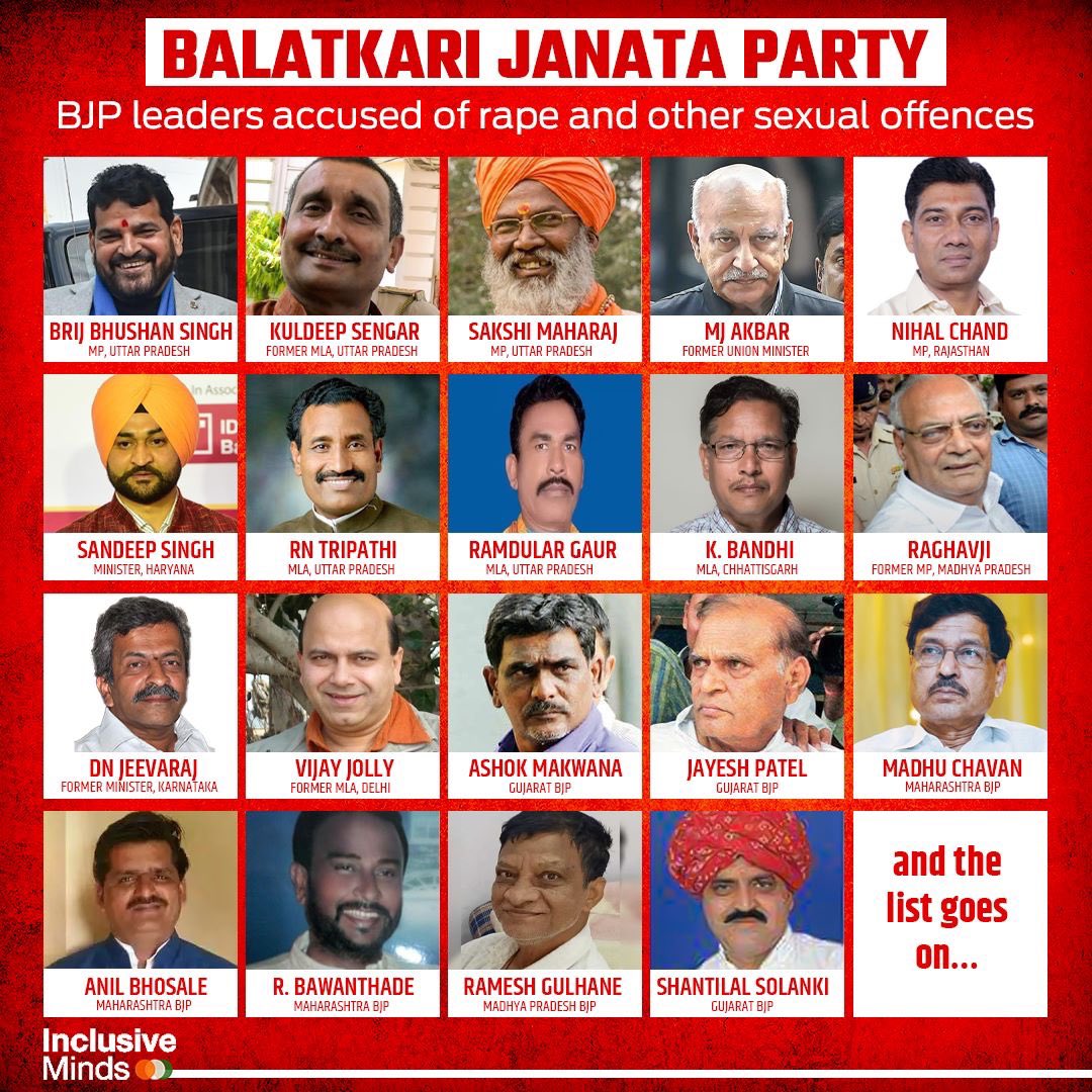 BJP 👉🏻 Balatkari Janta Party 

The 2 rupees sanghis who are politicising #SandeshKhali and talking of women safety in WB were quiet when the rapists (in picture below) were charged with sexual assault cases. 

#ShameOnBJP #SandeshkhaliConspiracy #ShameOnNationMedia