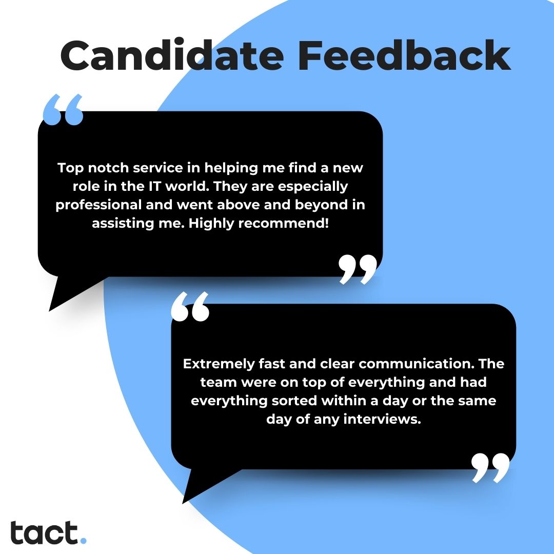 tact_it's tweet image. 🌟📣 CANDIDATE TESTIMONIALS 📣🌟

As always, our team is working hard to ensure impressive results 👏💙

Get in touch if you want to level-up your career! 🚀

#Tact #MakingTheConnetion #DevLaunchPad #TeamTact #TechForGood #DigitalRecruitment #ITRecruitment #Testimonial