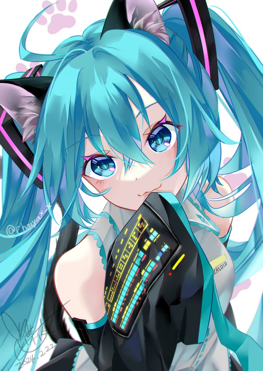 hatsune miku 1girl animal ears cat ears solo long hair twintails detached sleeves  illustration images