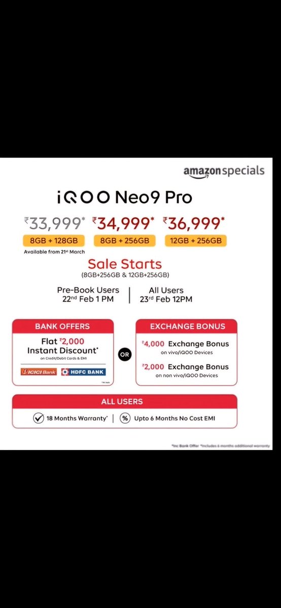 tarunvats33's tweet image. The #iQOO Neo 9 Pro launched in India

• 6.78" 144Hz OLED display
• Snapdragon 8 Gen 2⚡
• 50MP Sony IMX920 camera
• 5160mAh battery+120W charging
• 190 gms 

Starting at just ₹35,999 (256 GB, UFS 4.0)

#Vivo #iQOONeo9Pro #GamingPhone #PerformanceBeast