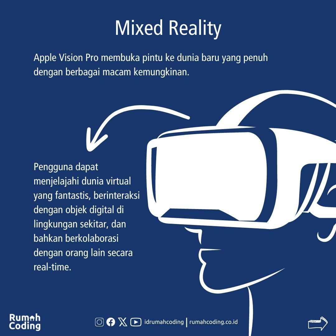 idrumahcoding's tweet image. Apple Vision Pro adalah perangkat yang revolusioner yang memiliki potensi untuk mengubah cara kita hidup dan bekerja. Fitur-fitur canggihnya membuka pintu ke dunia baru yang penuh dengan berbagai macam kemungkinan.

#AppleVisionPro #MixedReality #ARVR #TeknologiMasaDepan