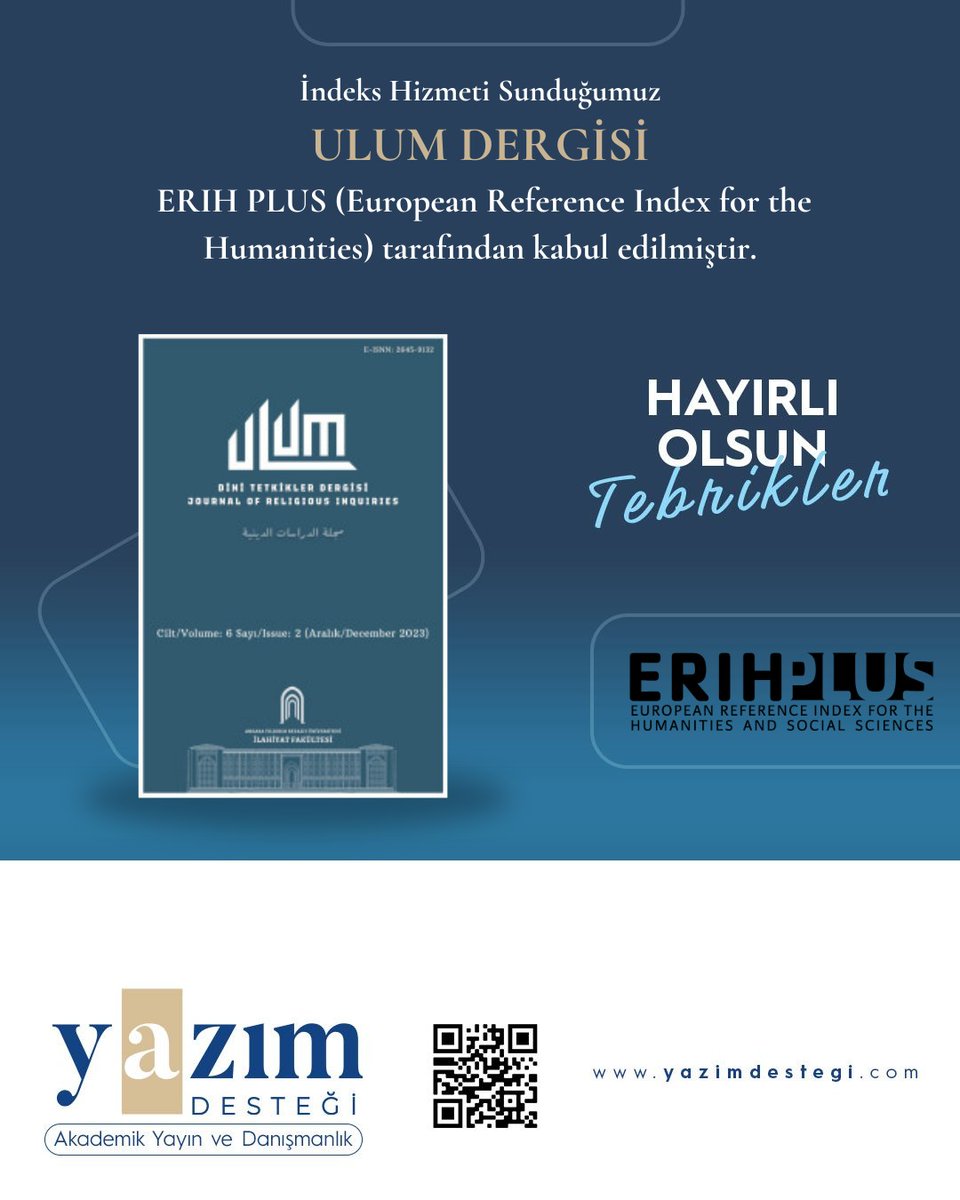 Ulum dergimiz, uluslararası indekslerden Erih Plus'a kabul edilmiştir. Hayırlı olsun