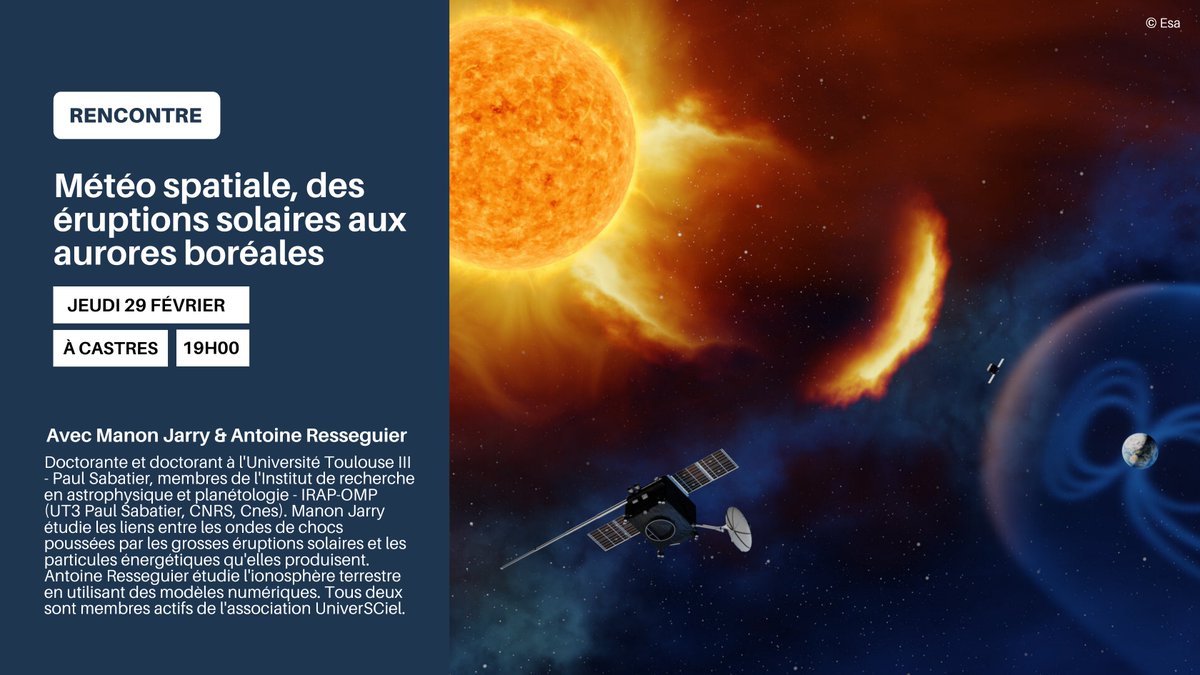 Univ_Toulouse's tweet photo. #Exploreur Échangez avec Manon Jarry et Antoine Resseguier, doctorante et doctorant à l'@UT3PaulSabatier, membres de l'@IRAP_France (@CNRS, @CNES).
📅 jeudi 29 février, 19h00
📍Castres, 22 rue mérigonde
💰 Entrée gratuite
🧍 Accessible à tous
➡️ https://t.co/Z15XK19DNc https://t.co/U5D6eTgEwD