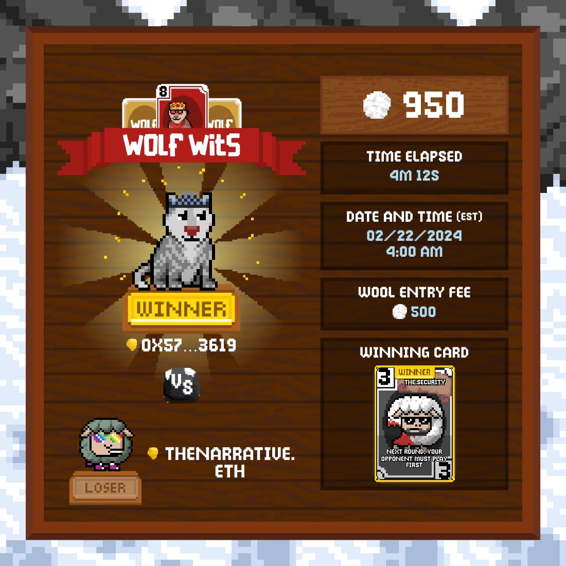Wolf #6113 defeated Sheep #15010 in <a href="/wolfdotgame/">Wolf Game</a> #WolfWits for 950 WOOL. #WolfGame #ThePeak 
game.wolf.game