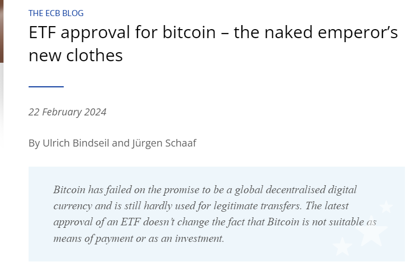 Ohje.. Die @ecb haut mal wieder einen raus 🙈 Anscheinend haben @BindseilUlrich und @schaaf_jurgen aus den Fehlannahmen in ihrem letzten Artikel noch immer nichts gelernt. Im Dez. 22 prophezeiten sie schließlich, dass 'Bitcoin auf dem Weg in die Bedeutungslosigkeit' sei.…