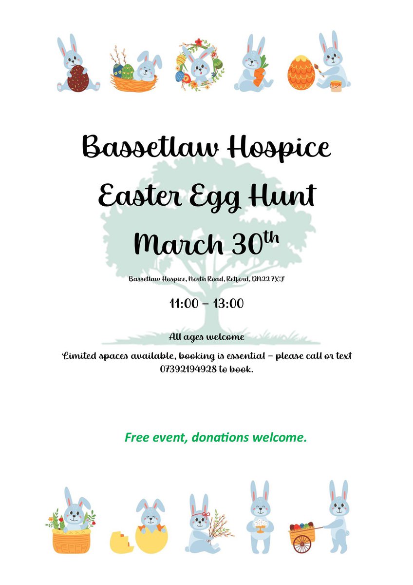 *** please note that the phone number for booking has changed **** 

Family Easter Egg Hunt @ Bassetlaw Hospice on Saturday 30th March 11am - 1pm. 

Everyone welcome - booking is essential, please see below. 07392194928 

<a href="/NottsHealthcare/">Nottinghamshire Healthcare</a>