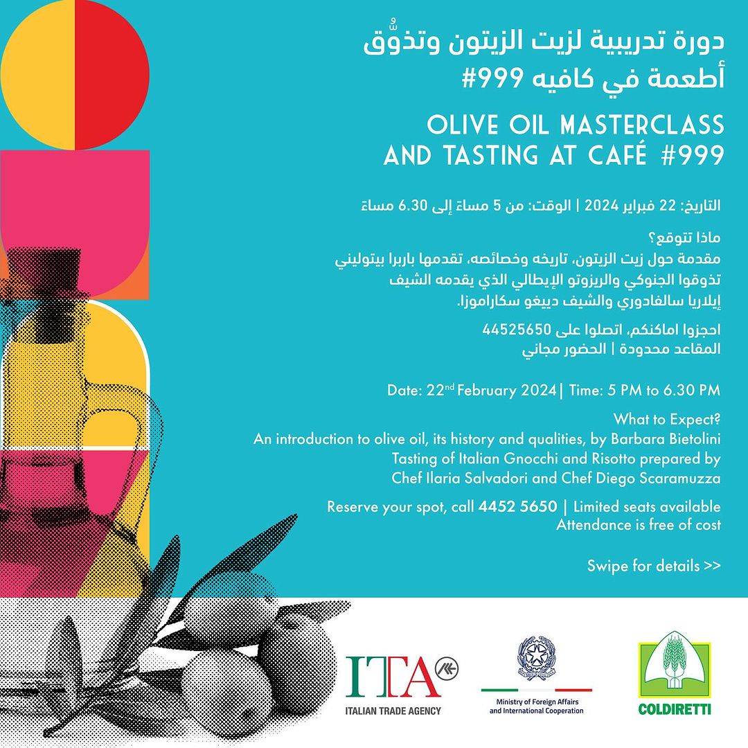 Don't miss our #OliveOil #Masterclass scheduled for today at 5PM @Café999 and experience the authentic tastes of Italy together with our chefs! @ITADoha @Qatar_Museums @coldiretti