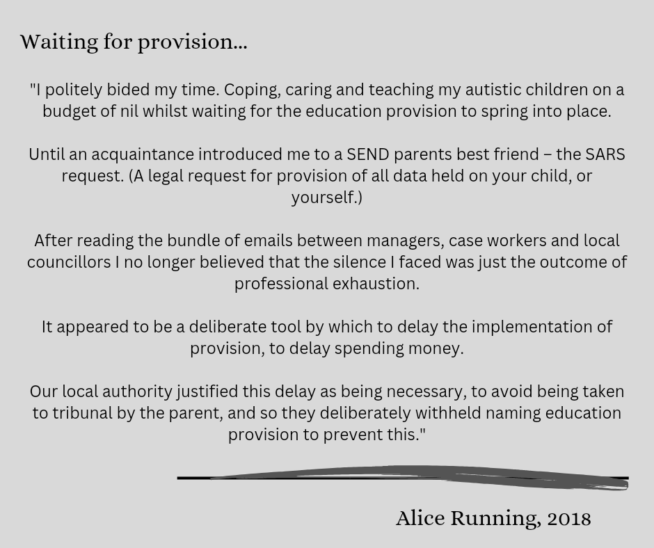 AliceRunning1's tweet photo. "We don't want to name a provision for Mum just to appeal it" - this was my LA's response to why there were delays in naming a provision. I only found this out via a Sars request. It ignited my anger. 'Gameplay' instead of access to education. 
#Autism #SEND #EHCP #PDAprofile https://t.co/LvuwY3VKtZ
