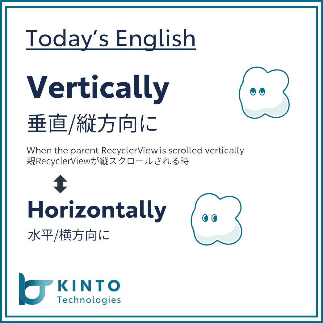 KintoTech_Dev's tweet image. 〜Today’s English〜
今日の英語ピックアップ

🇺🇸 Vertically
🇯🇵 縦に

"横に"はHorizontally👍
Horizon＝地平線が由来です💡

Check out how it’s used in our blog!
詳しい使い方は #テックブログ をチェック！

▶️blog.kinto-technologies.com/posts/2023-12-…

#DailyEnglishWithKTC #英語学習 #EnglishOfTheDay