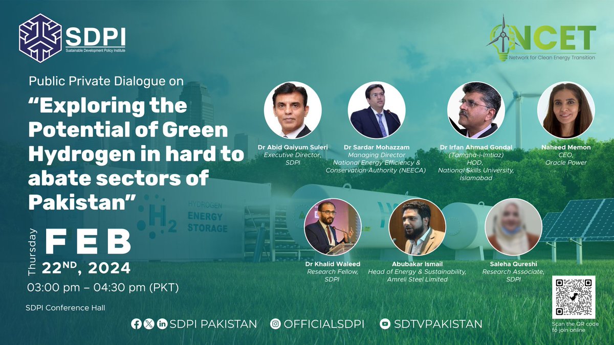 Join us <a href="/SDPIPakistan/">SDPI</a> <a href="/NCET_Pak/">Network for Clean Energy Transition</a>, Today for the Public-Private Dialogue on "The potential of #GreenHydrogen in Hard to Abate sectors of Pakistan".