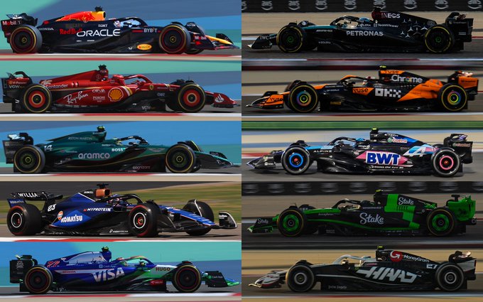 A combined image of photographs of all 10 F1 cars in 202