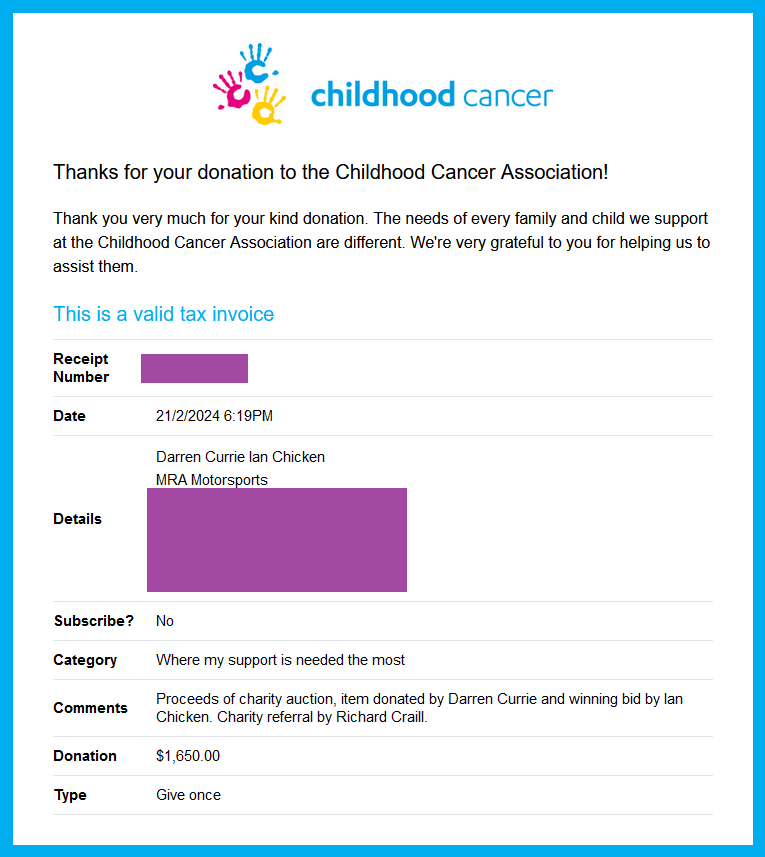 We held a charity auction at our meetup last Friday at the <a href="/Bathurst12hour/">Bathurst 12 Hour</a>. Thanks to donors Darren Currie &amp; Axle Donaldson of MRA Motorsport, &amp; auction winner Ian Chicken of <a href="/SportscarWW/">𝙎𝙋𝙊𝙍𝙏𝙎𝘾𝘼𝙍 𝙒𝙊𝙍𝙇𝘿𝙒𝙄𝘿𝙀</a>, we are stoked to pass on $1,650 to the <a href="/childhoodcancr/">Childhood Cancer Association Inc 🎗</a> Association in Adelaide. #B12hr