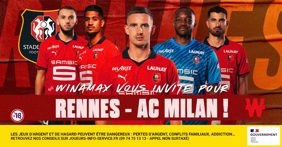 WinamaxSport's tweet photo. ⚽️ 2 lots de 2 places VIP sont à gagner pour @staderennais - AC Milan, ce soir à 18h45 !

🎁 Pour participer : retweetez ce tweet, suivez @WinamaxSport et répondez avec votre pseudo Winamax.

👉 Tirage au sort à 12h00 !

📄 Règlement > https://t.co/wPW0ACrmqV https://t.co/EMccgqMypu