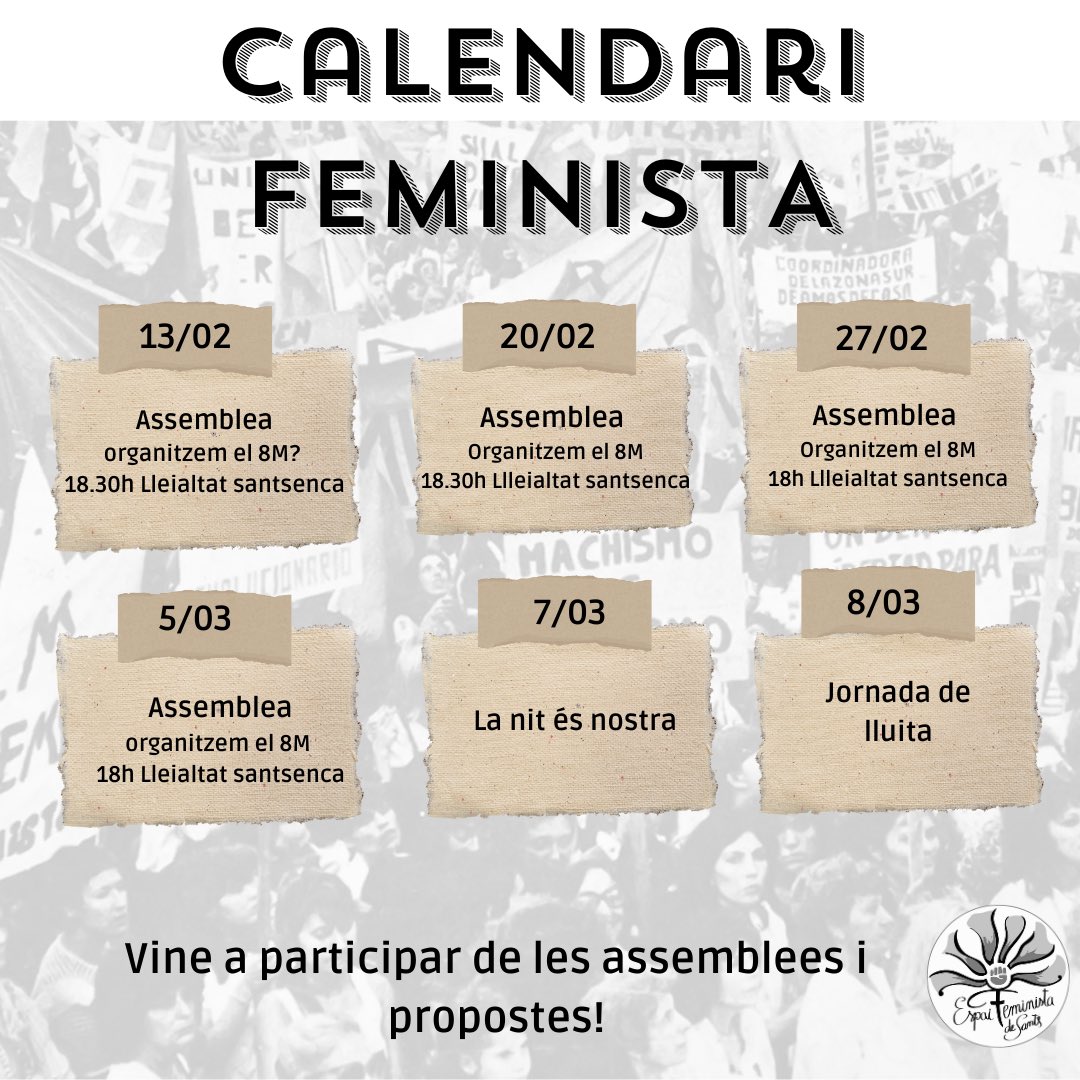 Traieu les agendes!🗓️

Ja tenim aquí les properes dates dels comitès per la jornada de lluita del 8M🔥💪🏽

💜Un dia no podrem més i juntes ho podrem tot. Per un barri transfeminista i antifeixista💜