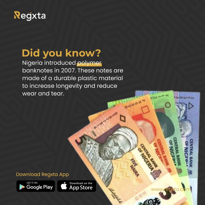 regxta_'s tweet photo. Trivia Thursday!
Nigeria embraced innovation with the introduction of polymer banknotes. 

Engineered for durability, these notes are more than just currency; they're a testament to progress and resilience.

 #polymer #regxta #nigeriainnovation #currencyevolution https://t.co/kayDXpHLSu