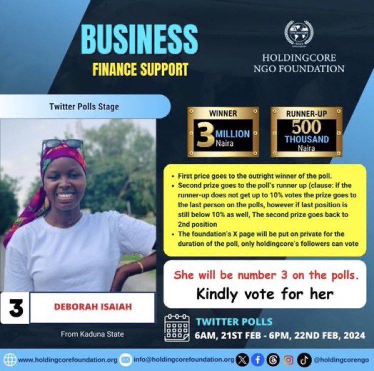If you followed <a href="/Holdingcorengo/">Holdingcore NGO Foundation</a> yesterday before their page got locked to support Deborah, the poll is live already and voting has started.

Kindly vote for her, she’s number 3 on the poll. 

We can make her dream come true, let’s all support her at a time like this. Thank you🙏🏻