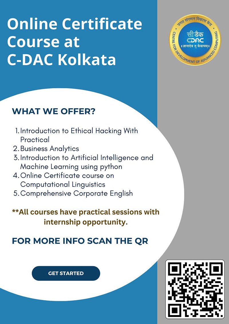 cdacindia's tweet image. @CDACINDIA is organizing online certificate courses with internship opportunities, starting from 18th March 2024 @GoI_MeitY #ethicalhacking #businessanalyticsAI #pythonML #NLP #cybersecurity #ICT