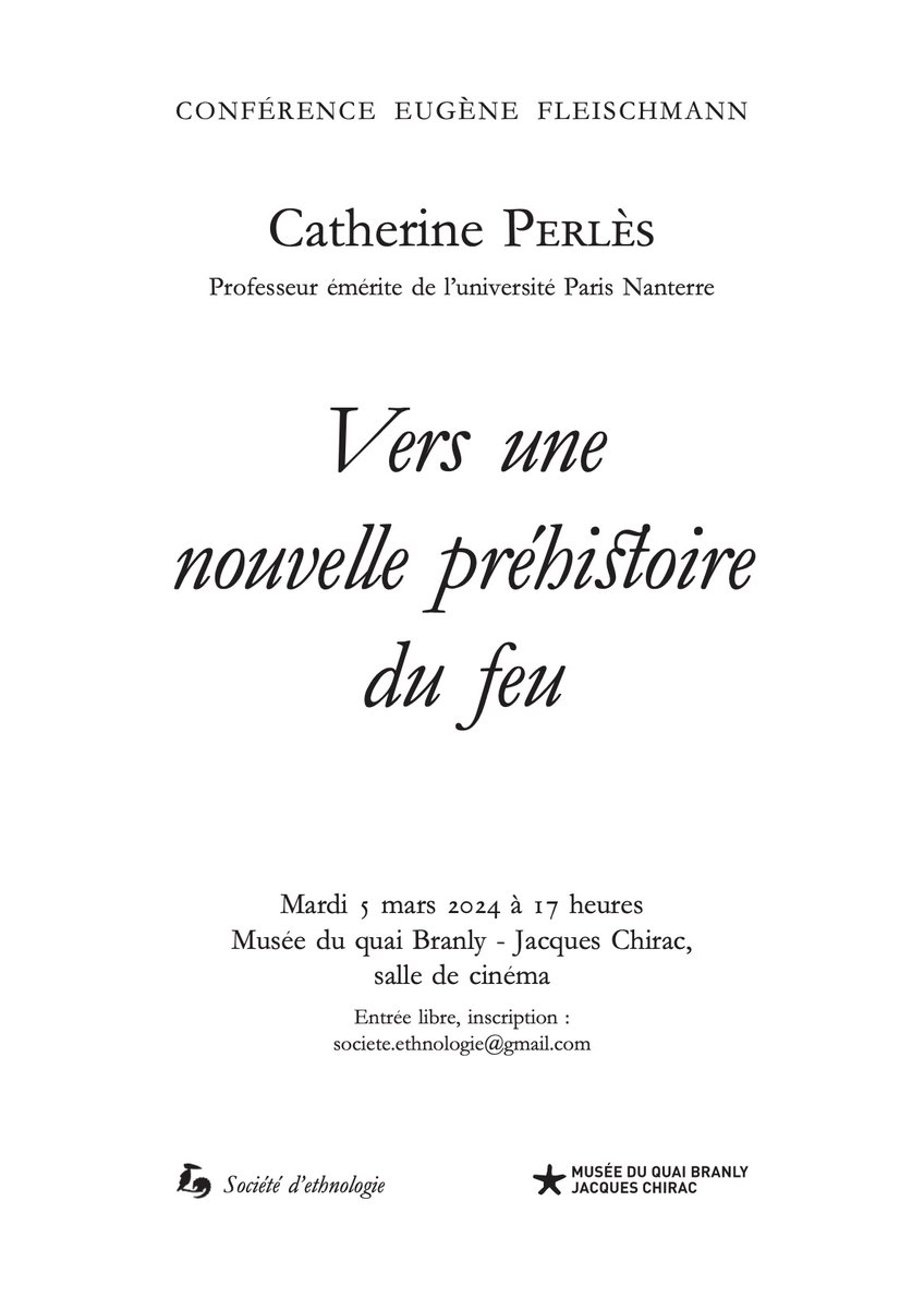 📅 Le mardi 5 mars à 17h, au @quaibranly, Catherine Perlès prononcera la 19e conférence Eugène Fleischmann : Vers une nouvelle préhistoire du feu 🔥 Retrouvez ici toutes les informations : mshmondes.cnrs.fr/evenement/conf…