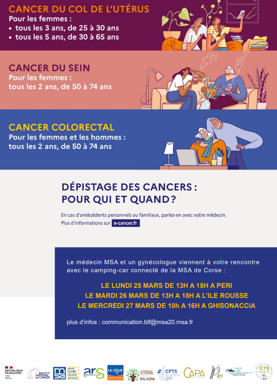 MsaCorse's tweet photo. #Dépistage des cancers: Pour qui et quand ? Venez rencontrer nos médecins à bord du camping-car connecté de la MSA : Dépistage, vaccination HPV, craintes … Plus aucun tabou sur les cancers du sein, colorectal et utérus ! avec @LigueCancer2A https://t.co/MHbboLsd31
