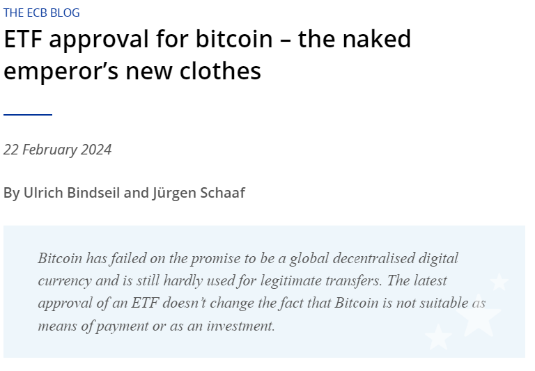 Mikkelsen's tweet photo. ETF med bitcoin er "den nøgne kejsers nye klæder"!

Fair værdi for en bitcoin er fortsat nul!

ECB er befriende meget præcis og tydelig i sit syn på den nye ETF, der tracker bitcoin. 
https://t.co/Ue308RoZTY
#ECB #bitcoin #dkøko #dkpol https://t.co/sshs6MG1fB
