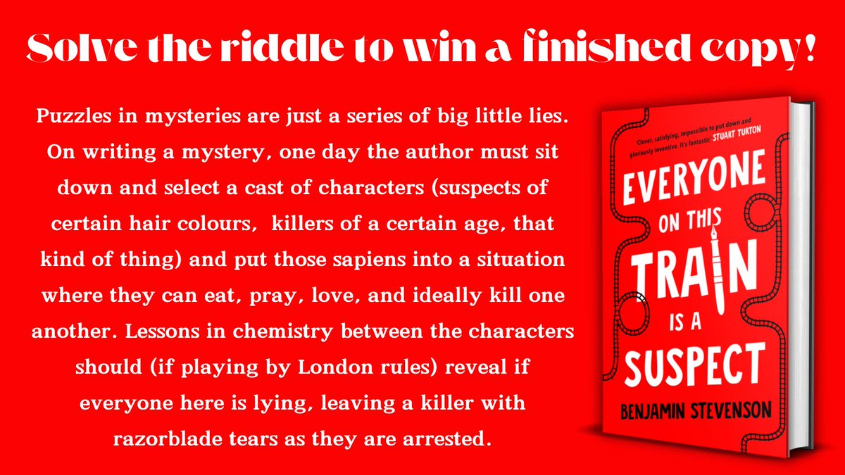 BOOKSELLERS 🚨 Everyone On This Train is a Suspect published next week! 🚂 Can you solve this riddle to win an early finished copy? 🔎 The first TWO people to solve it will win! Please only DM me the answer! Indie Booksellers & UK only📚🇬🇧🐧
