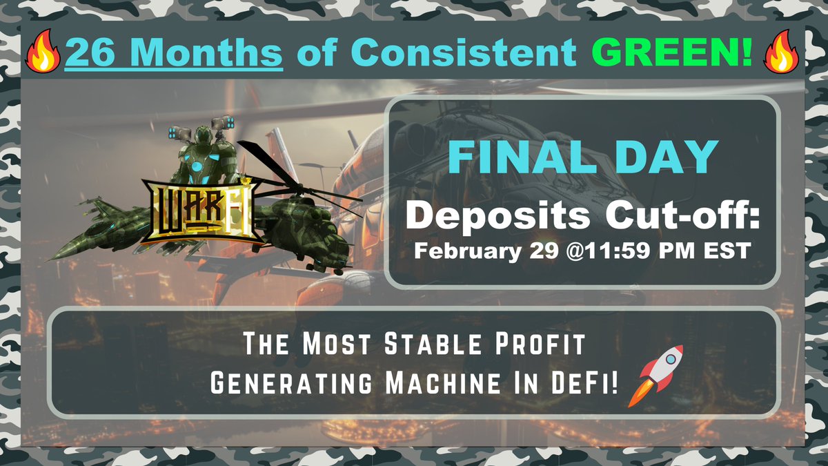 The final day is here! ⌛️ Last call to make your deposit for March. Don't miss the chance to ride the wave of consistent profits with WarFi. Act now! 🚀 warfi-tradingbots.com #WarFi #FinalCall #CryptoWealth