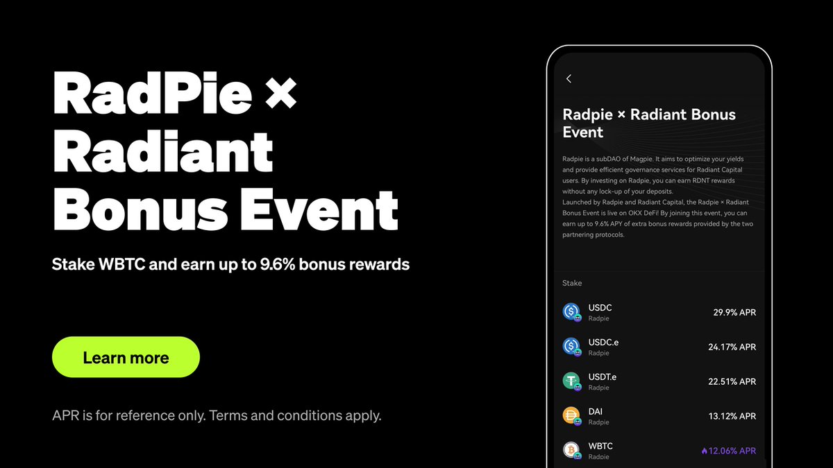 🚀 Earn up to additional 9.6% APY in $ARB by staking WBTC on #Radpie! 

Join the @Radpiexyz_io x @RDNTCapital Bonus Event now.

No lock-ups. Maximize your BTC with #OKXDeFi.

🌟 Learn more & join the revolution: okx.com/web3/defi/acti…