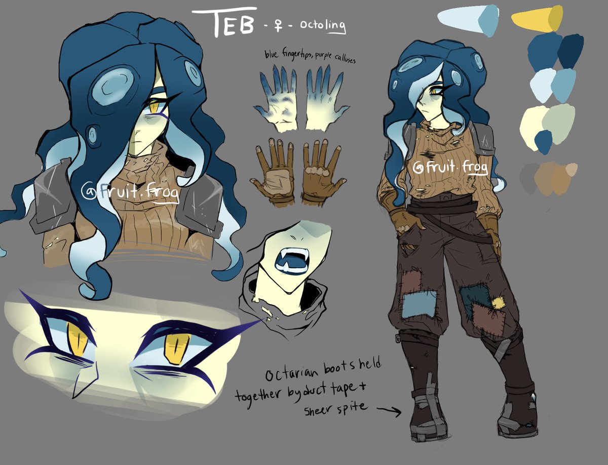 "OCTA TEB"

Full Octoling.

25y/o.

5 feet, 6 inches.

RESIDENCE: Often wanders to scavenge parts.
Must live in Inkopolis, as Octo Valley lacks power.

OCCUPATION: Weaponsmith. 95% of the weapons she creates are illegal for Turf Wars, considering their, er... "Creativity".
