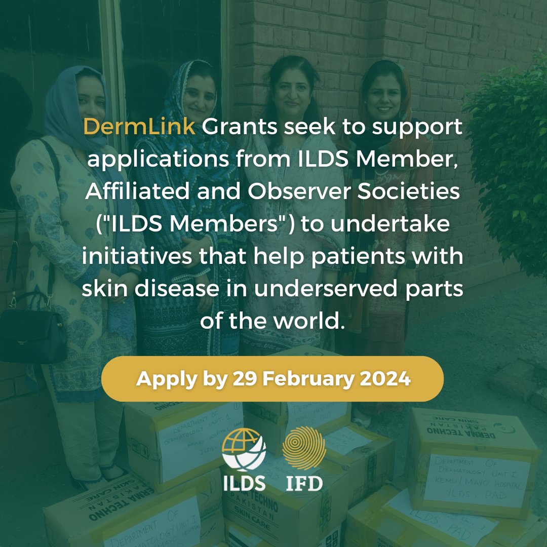 Last call for the 2024 DermLink Grants Programme! If you're an ILDS Member looking to make a difference in underserved parts of the world, this is the perfect opportunity for you. Applications closes on the 29 February 2024. Learn more and apply here: bit.ly/dermlink