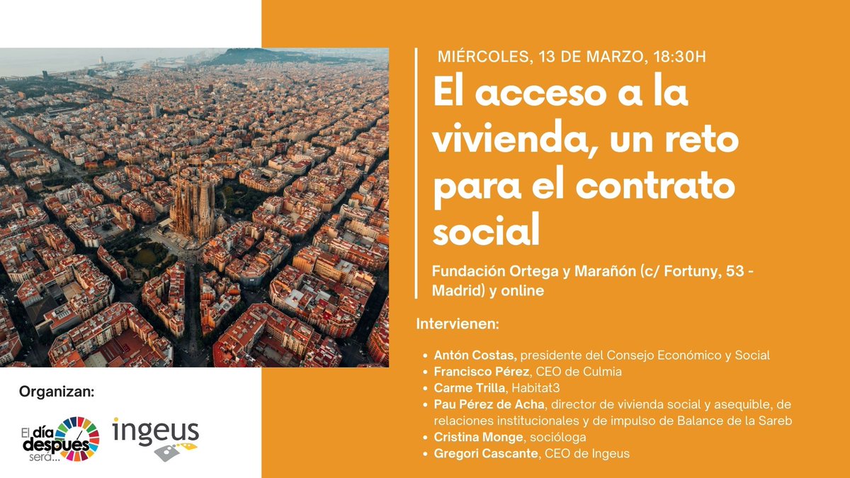 ¿Cómo garantizar el ejercicio del derecho a la vivienda en un #NuevoContratoSocial? ¿Qué rol juegan administraciones públicas, empresas y tercer sector? Un diálogo con expertos de lujo.

🗓13 de marzo, 18:30
📍<a href="/fortegamaranon/">Fundación Ortega-Marañón</a> y online
Info e inscripciones👉diadespues.org/evento/13-de-m…