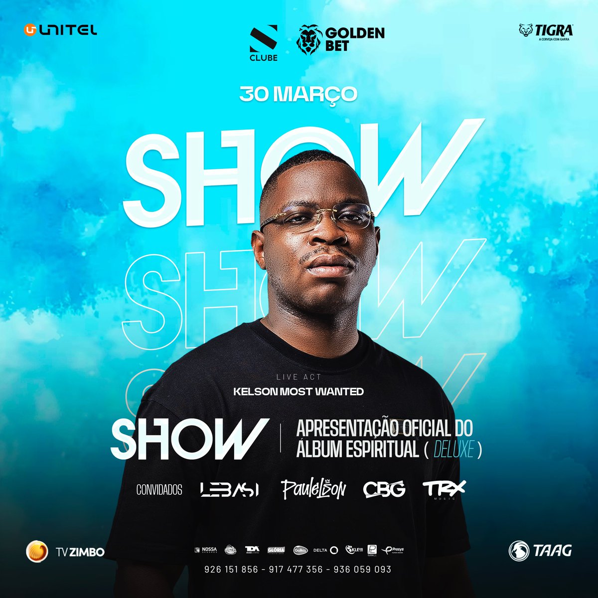 É com enorme prazer que venho por este meio anunciar o meu primeiro grande show no Club S e a apresentação da versão deluxe do meu álbum Espiritual que estará disponível dia 29 de Março em todas as plataformas digitais. Ingressos à venda no site clube-s.ao