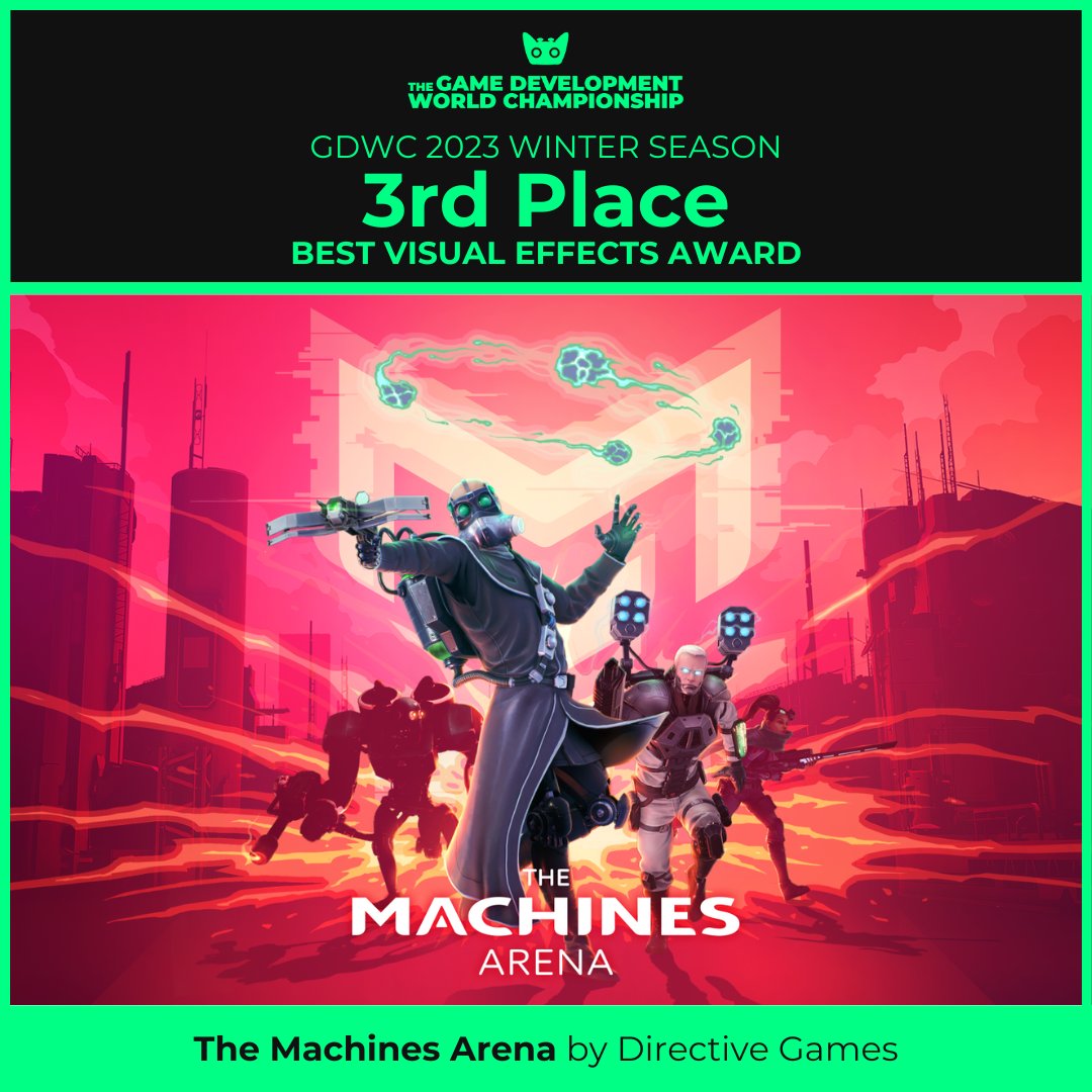 Game Development World Championship (@thegdwc) on Twitter photo 🏆Congrats to <a href="/DirectiveGames/">Directive Games</a> for 3rd Place in the Best Visual Effects Award with The Machines Arena!
Award presented with <a href="/JangaFX/">JangaFX Software</a> at #GDWC2023 #WinterSeason!
#gamedev #IndieDevs #gameawards #VFX 🏆Congrats to <a href="/DirectiveGames/">Directive Games</a> for 3rd Place in the Best Visual Effects Award with The Machines Arena!
Award presented with <a href="/JangaFX/">JangaFX Software</a> at #GDWC2023 #WinterSeason!
#gamedev #IndieDevs #gameawards #VFX