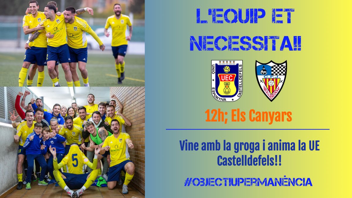 🟡🟡 Diumenge 25 de febrer, a les 12h, VINE amb la samarreta groga i anima la <a href="/uecastelldefels/">UE Castelldefels</a> als Canyars!

✅ Des de les 12h, <a href="/uecastelldefels/">UE Castelldefels</a> - @FCJMollerussa 

1⃣ La 1a de les 13 'finals' que tenim pel davant!!
🙏 T'hi esperem!!
 
#ObjectiuPermanència <a href="/jamartinduran/">juan antonio martin JUANITO</a>