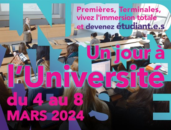 🔴Vous êtes lycéens, en première ou en terminale, et vous souhaitez savoir si l'université est faite pour vous ?  

Inscrivez vous à "Un jour à l'université" et venez vous mettre dans la peau d'un étudiant le temps de quelques heures !  👉vu.fr/DhVBu