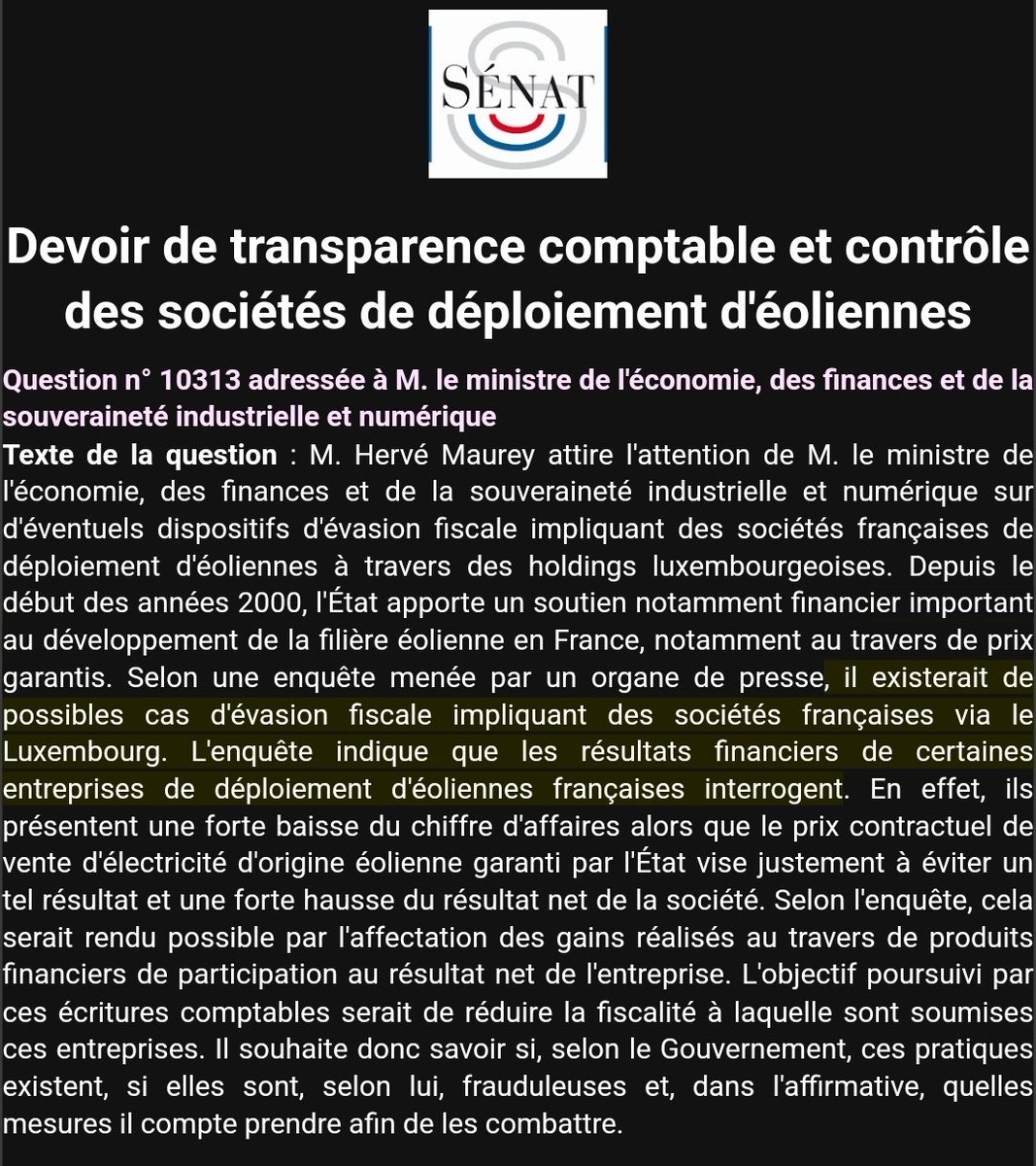 FabienBougle's tweet photo. ALERTE

Alors que les subventions aux #éoliennes sont financées par le contribuable, il est indispensable d'enquêter sur les réseaux d'évasion fiscal des exploitants éoliennes.

Une enquête de grande ampleur est indispensable ! 

Question au @senat de @HMaurey à @BrunoLeMaire https://t.co/fMOZV18WDg