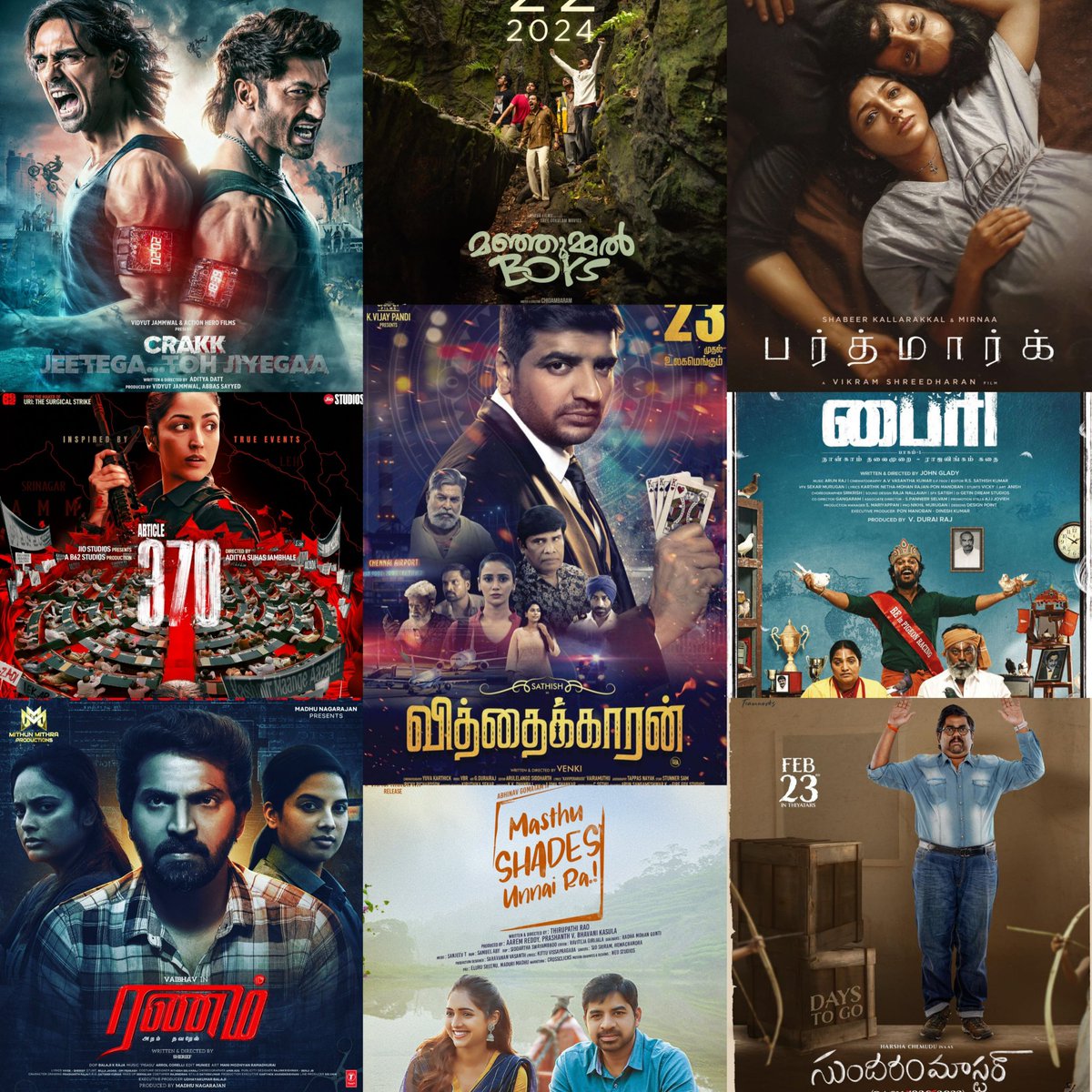 This Week Theatrical Releases 📽️🎟️
February 22/23 🎫

Malayalam :
#ManjummelBoys
#Family
#Bramayugam (Tam,Tel,Kan)

Tamil : 
#Ranam
#Vithaikkaaran 
#Birthmark
#Byri
#Pambattam
#Glassmates

Hindi :
#Article370Movie
#Crakk 

Telugu :
#SundaramMaster
#Vyooham
#SiddharthRoy
#MSURaa