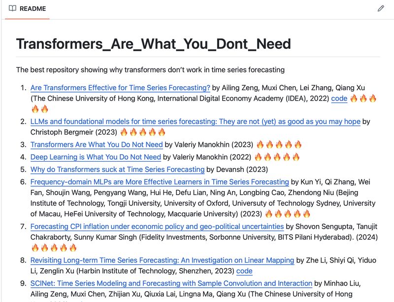 ''Transformers Are What You Don't Need' is growing and more new papers have been added. 

Learn why transformers are not the answer to #timeseries #forecasting, explore some of the best non-transformer methods that outperform transformers and give the repo your support and a star